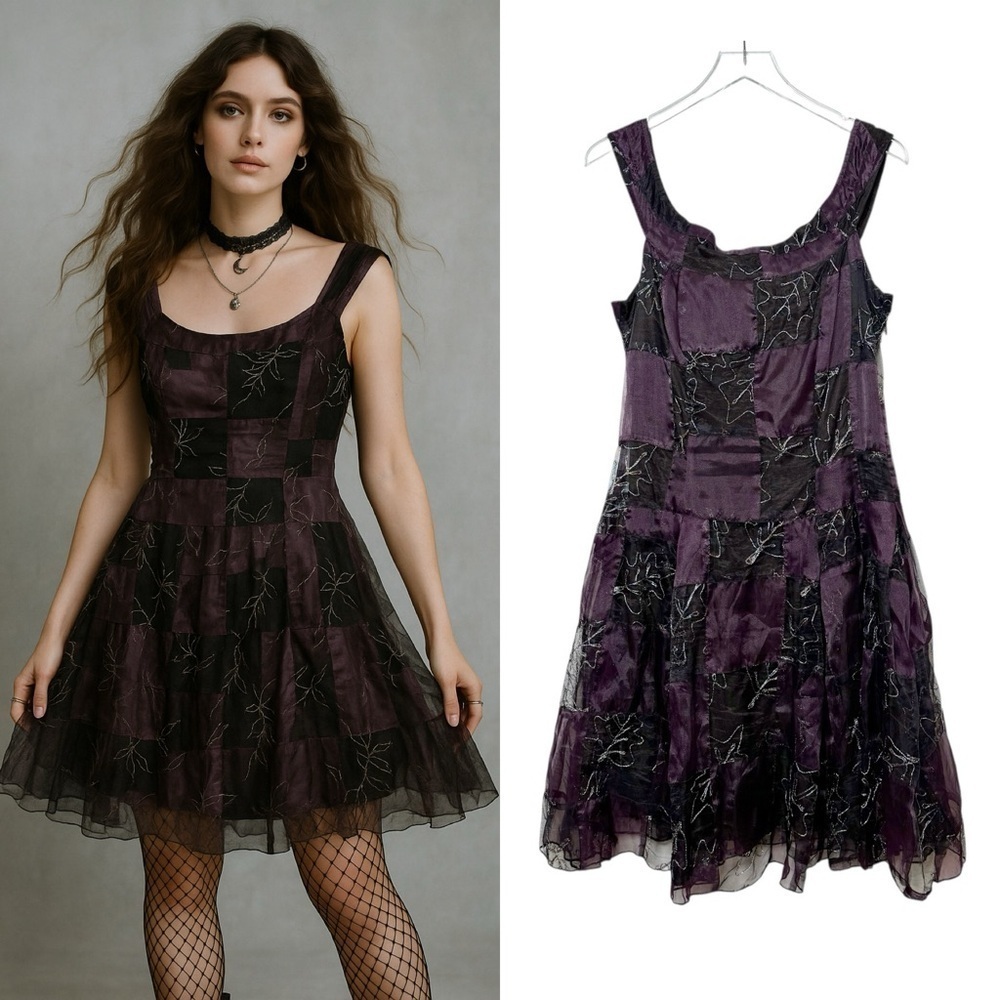 Vintage Nomads Purple Black Patchwork Fairycore Babydoll Women’s Dress L - Picture 12 of 12